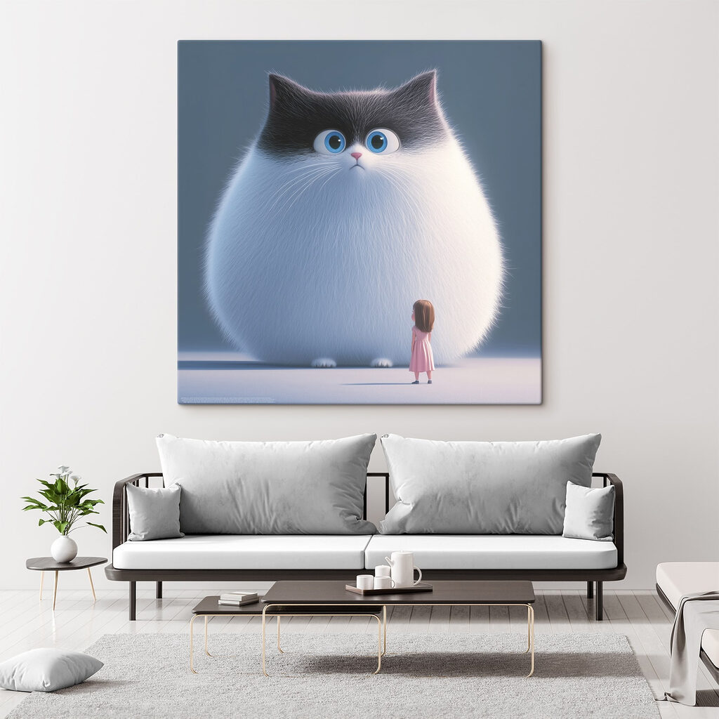 Cartoon of a cat looking at a little girl