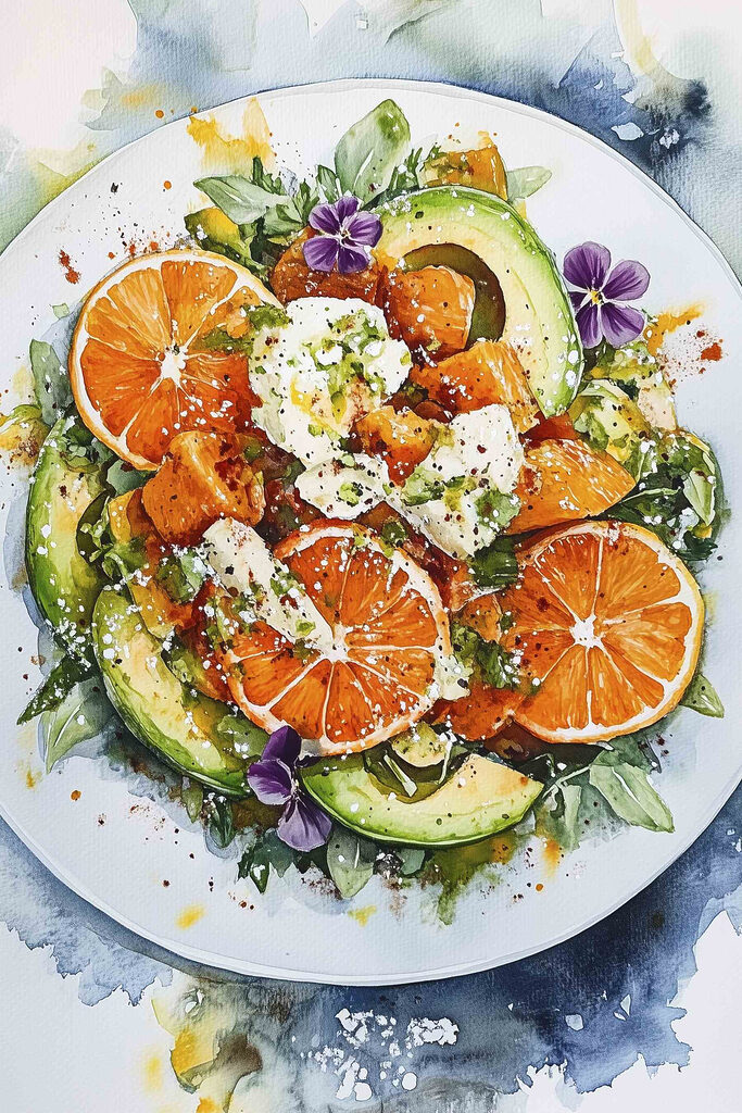 Plate of food with oranges and avocado