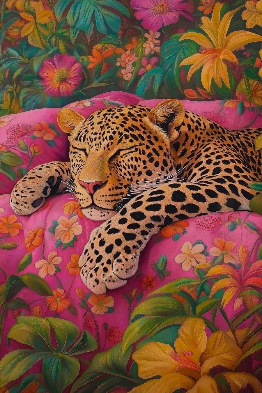 Leopard spící na růžovém gauči