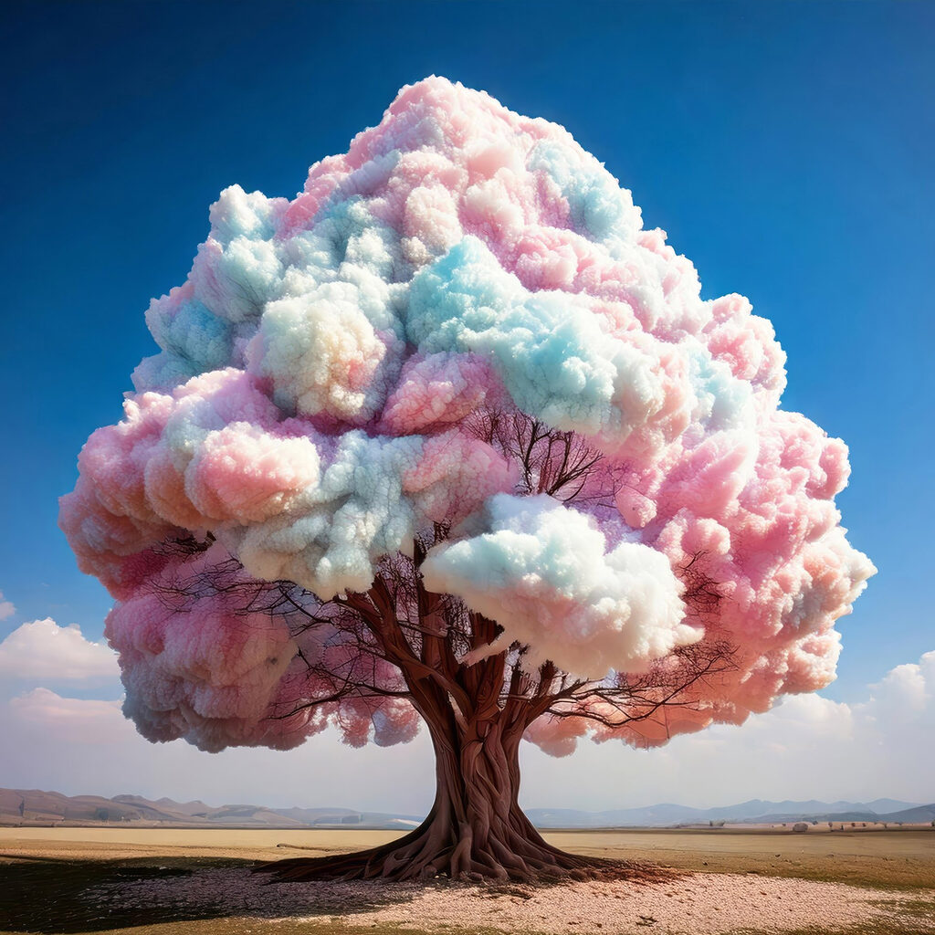 Tree with pink and blue clouds