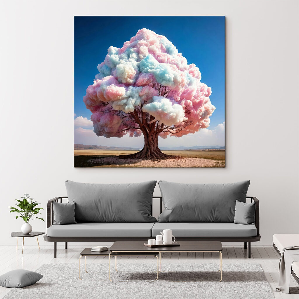 Tree with pink and blue clouds