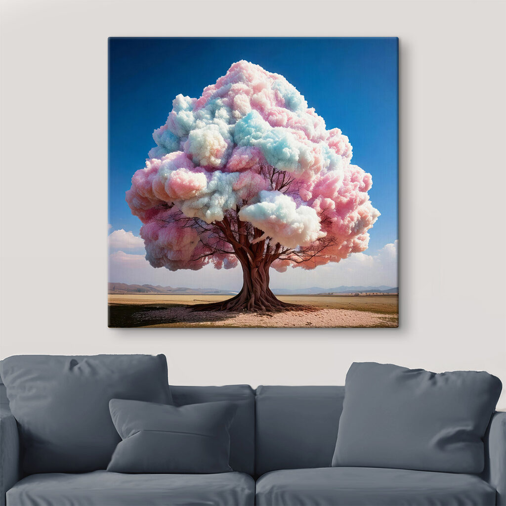 Tree with pink and blue clouds