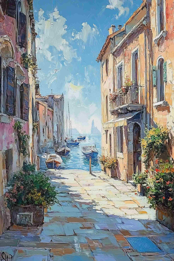 Painting of a street with boats and buildings