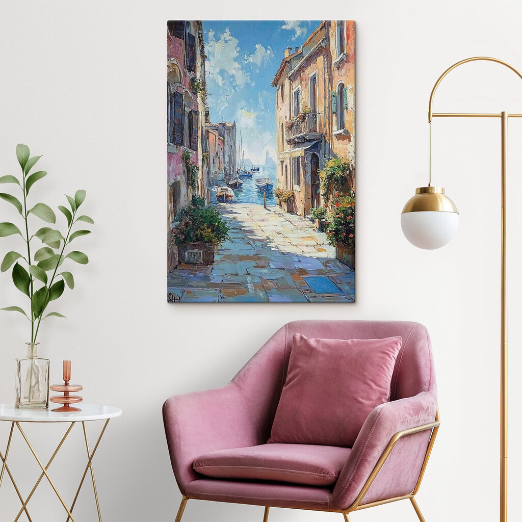 Painting of a street with boats and buildings