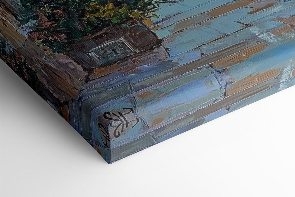 Painting of a street with boats and buildings