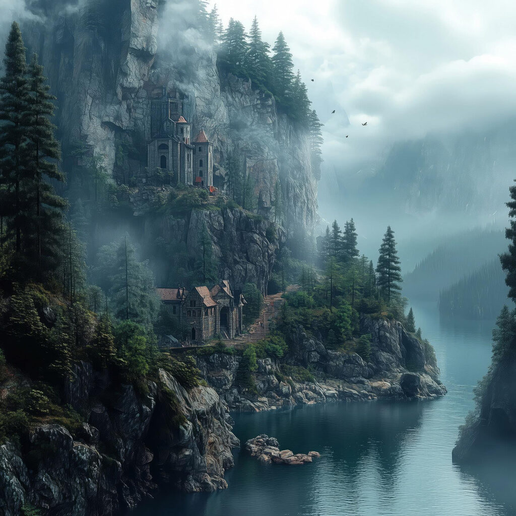 River with a house on a cliff