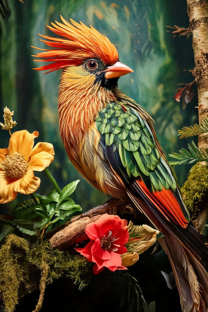 Colorful bird sitting on a branch with flowers Colorful bird sitting on a branch with flowers