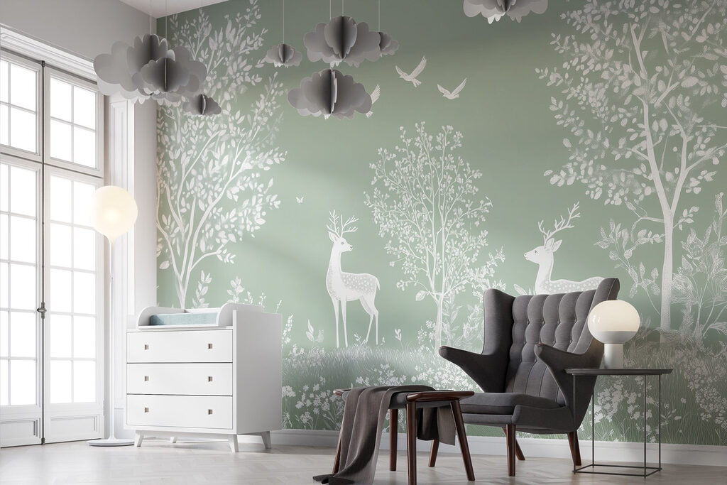 White deer and birds in a field White deer and birds in a field