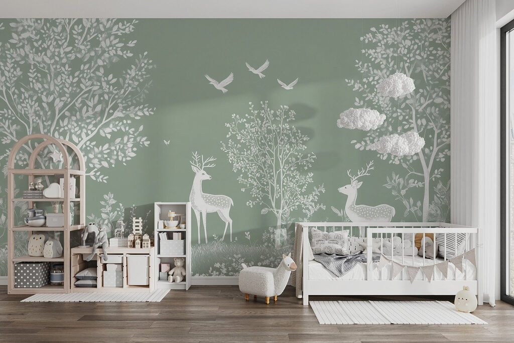 White deer and birds in a field White deer and birds in a field