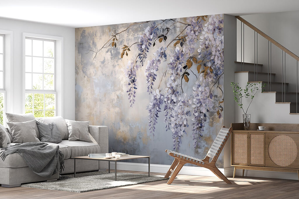 Painting of a branch with purple flowers