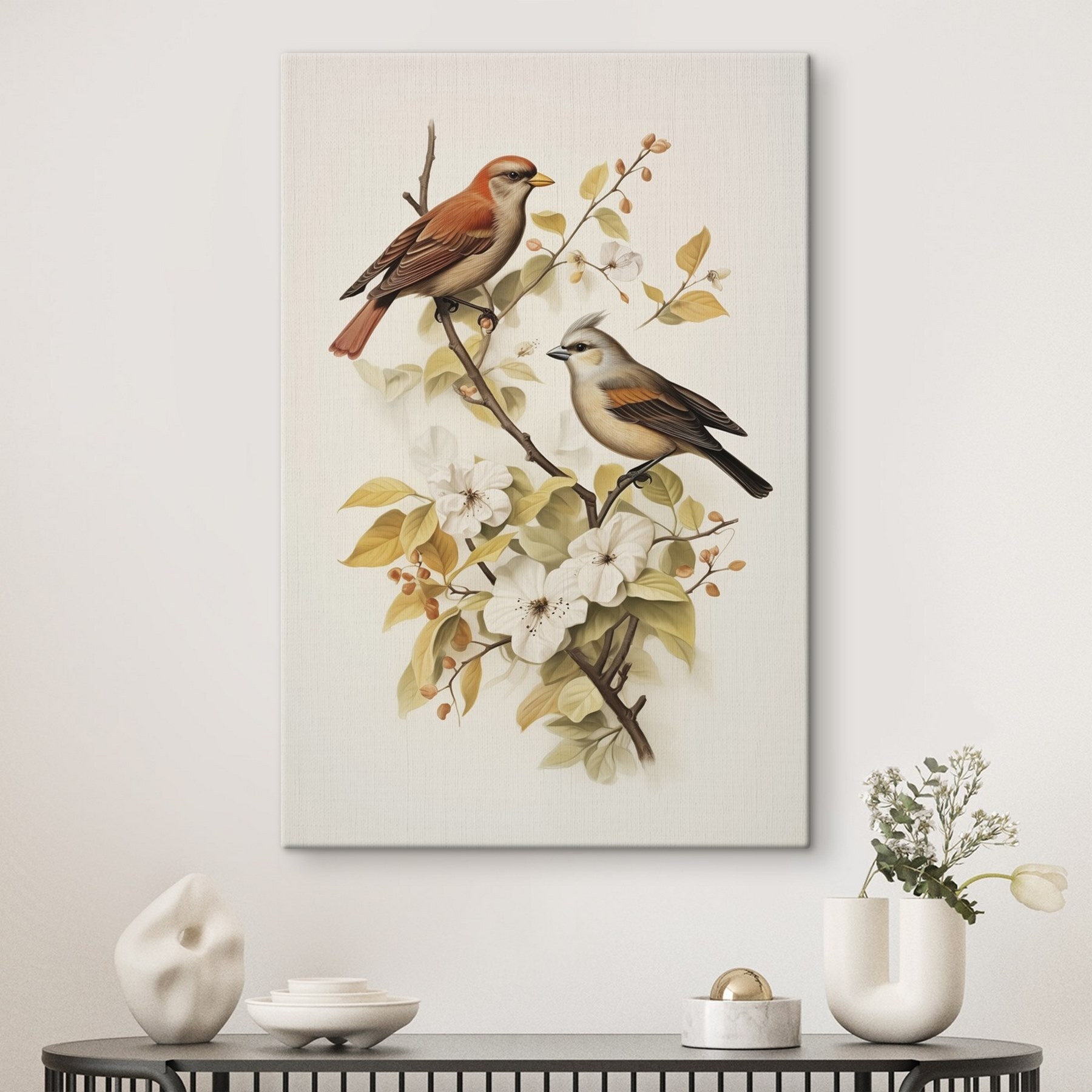 Two birds on a branch with flowers