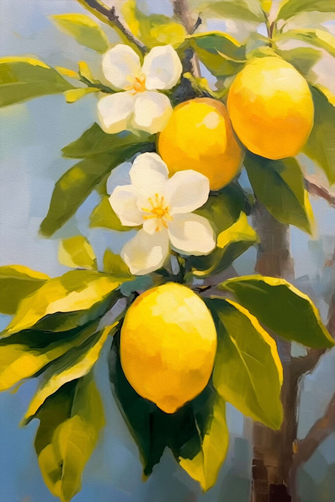 Painting of lemons and flowers on a tree