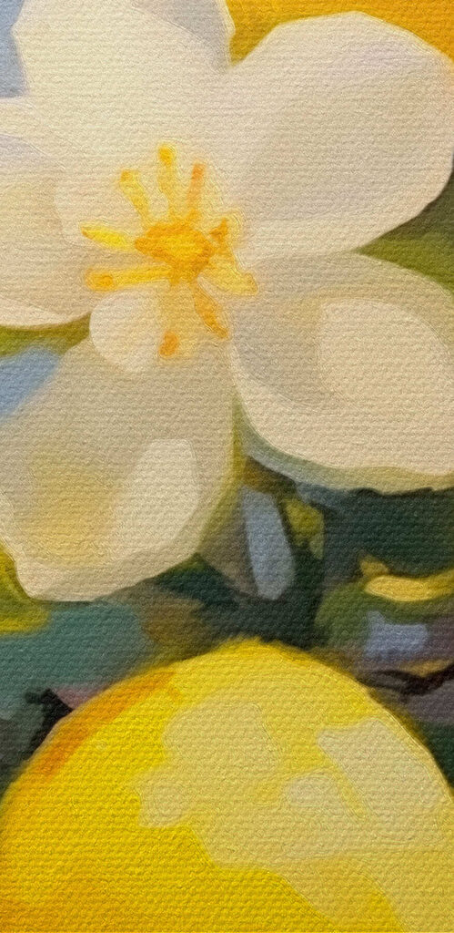 Painting of lemons and flowers on a tree