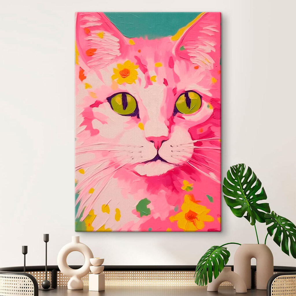 Painting of a cat with flowers on it