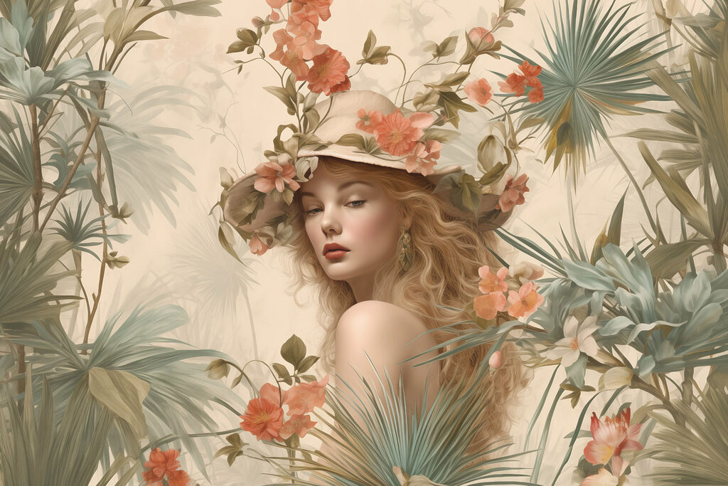 Woman in a hat surrounded by flowers Woman in a hat surrounded by flowers