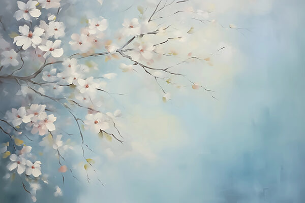 Painting of a tree branch with white flowers