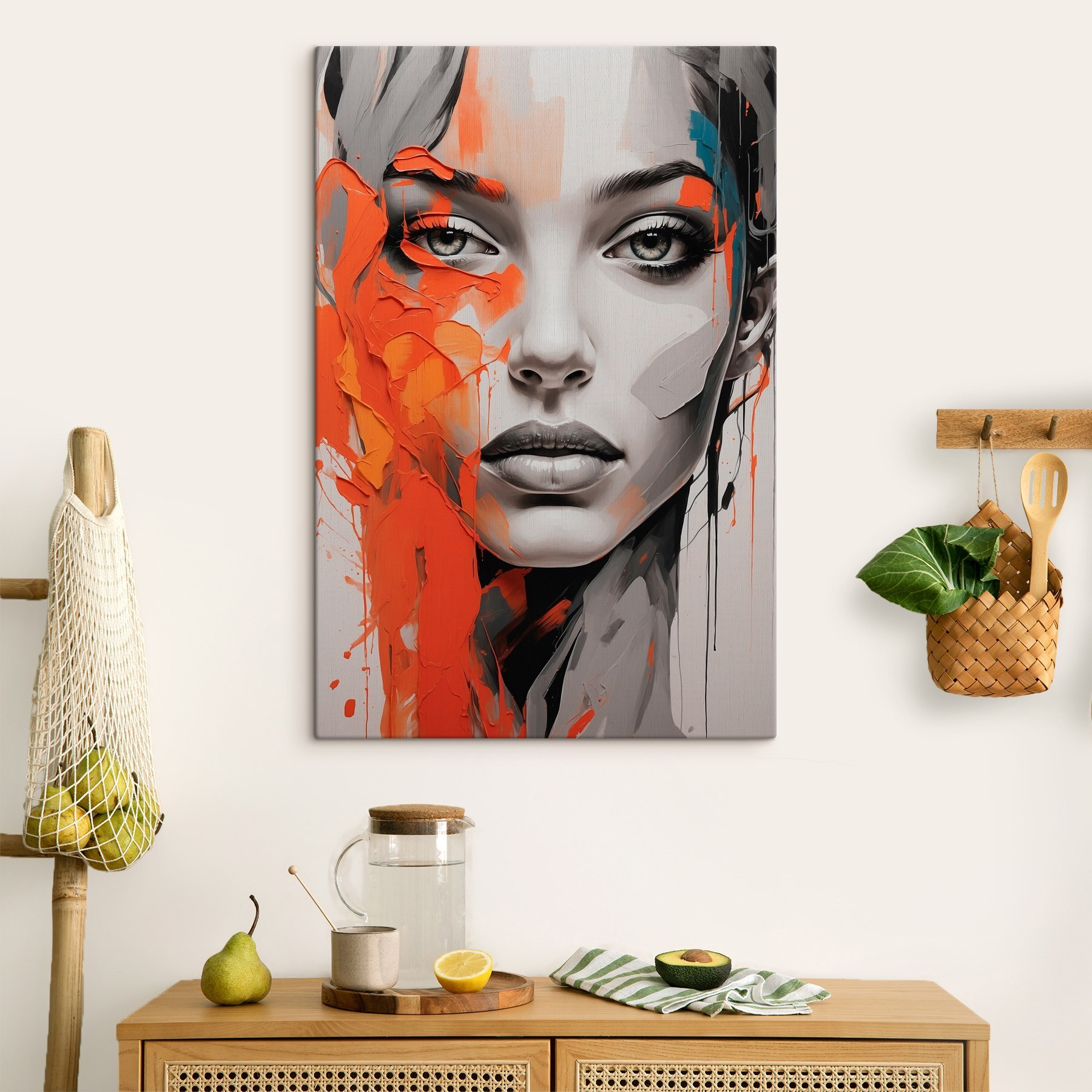 Painting of a woman with orange paint on her face