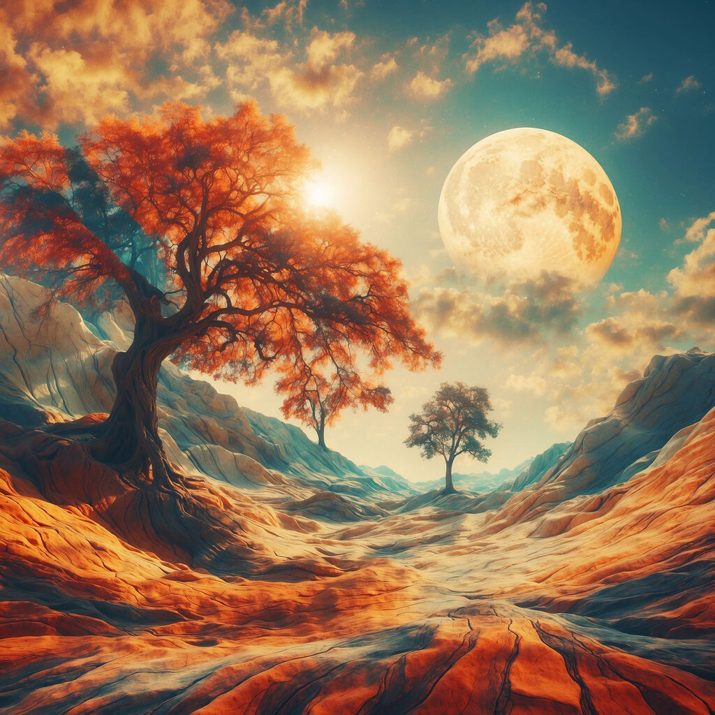 Landscape with trees and mountains and a moon