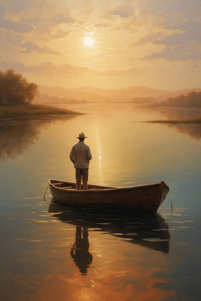 Man standing in a boat on a lake Man standing in a boat on a lake