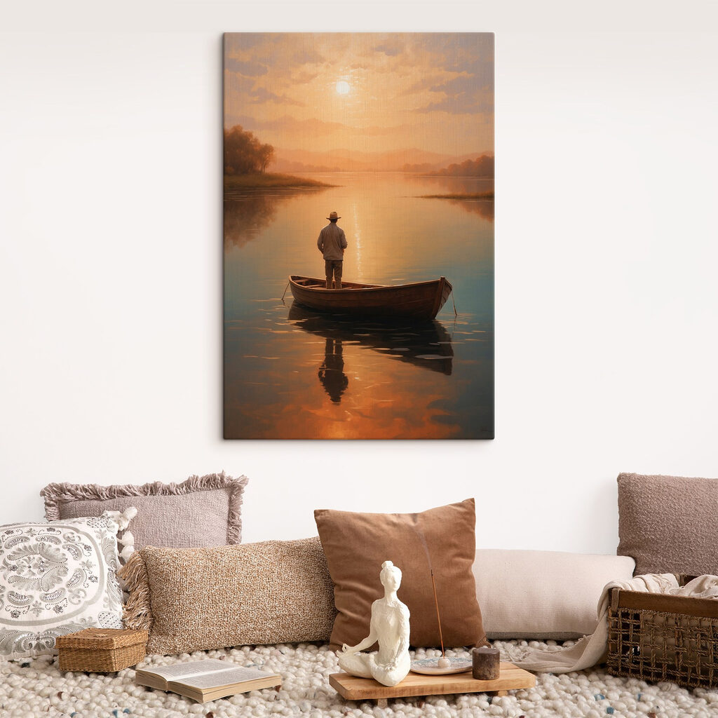 Man standing in a boat on a lake Man standing in a boat on a lake