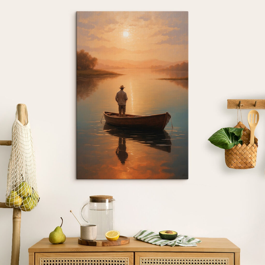 Man standing in a boat on a lake Man standing in a boat on a lake