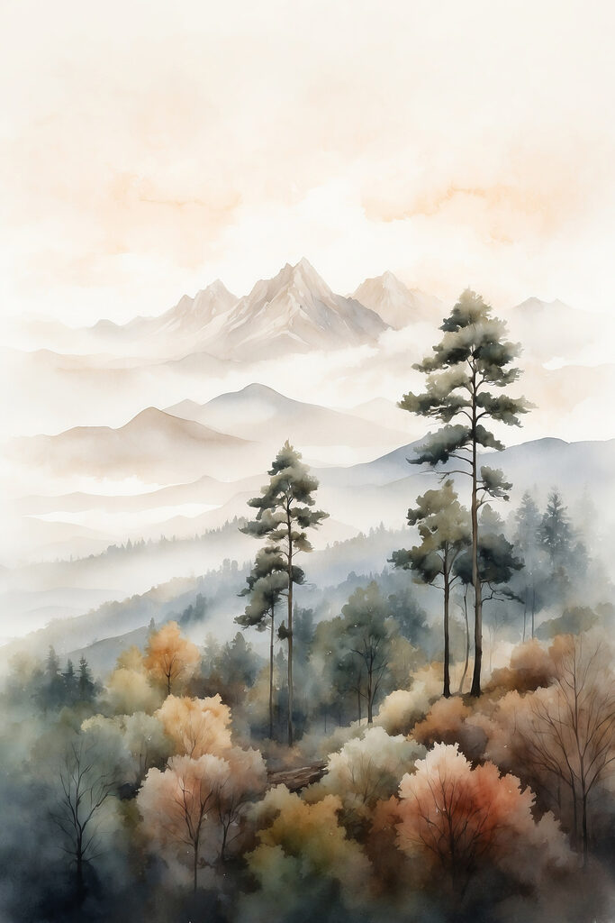 Watercolor painting of trees and mountains Watercolor painting of trees and mountains