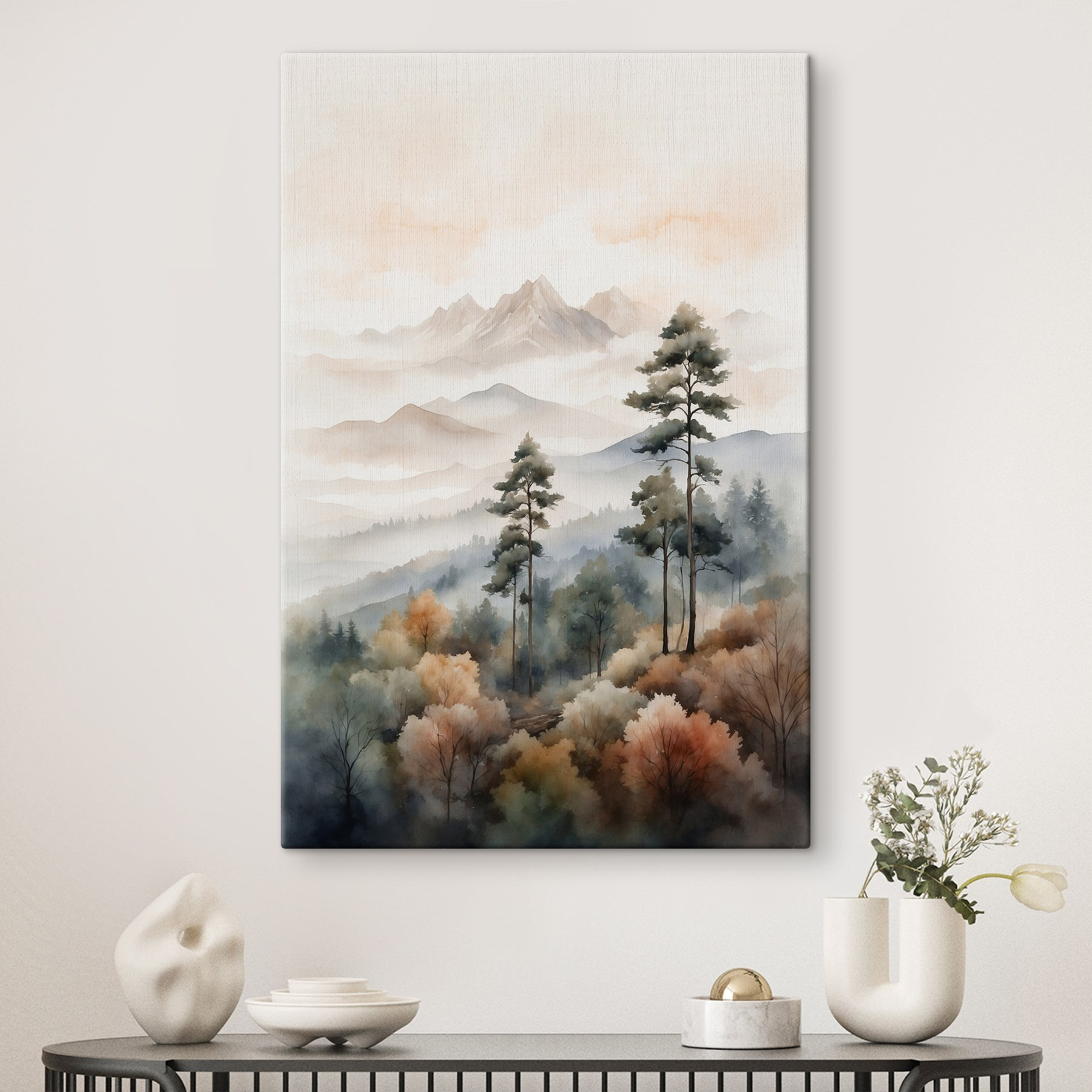 Watercolor painting of trees and mountains Watercolor painting of trees and mountains