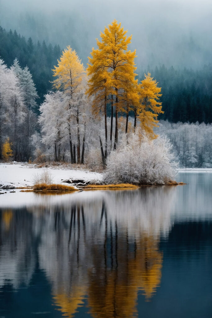 Lake with trees and snow Lake with trees and snow
