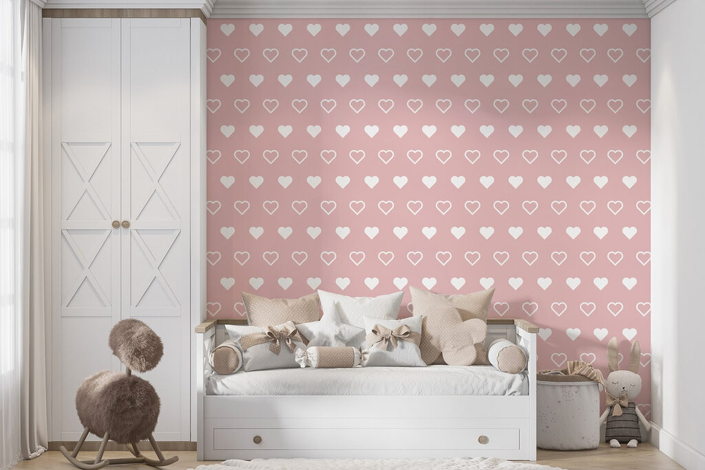 Pattern of white hearts on a pink background