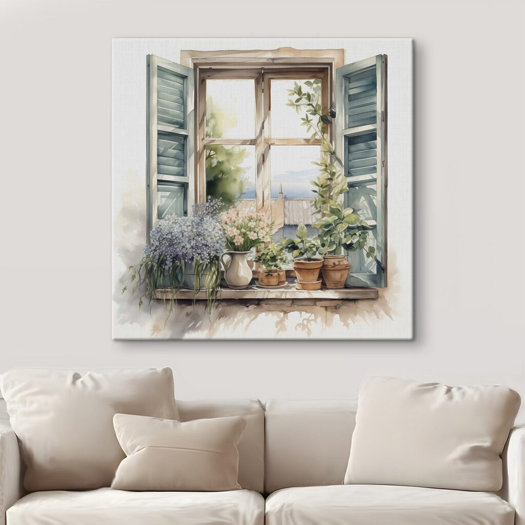 Watercolor painting of a window with potted plants