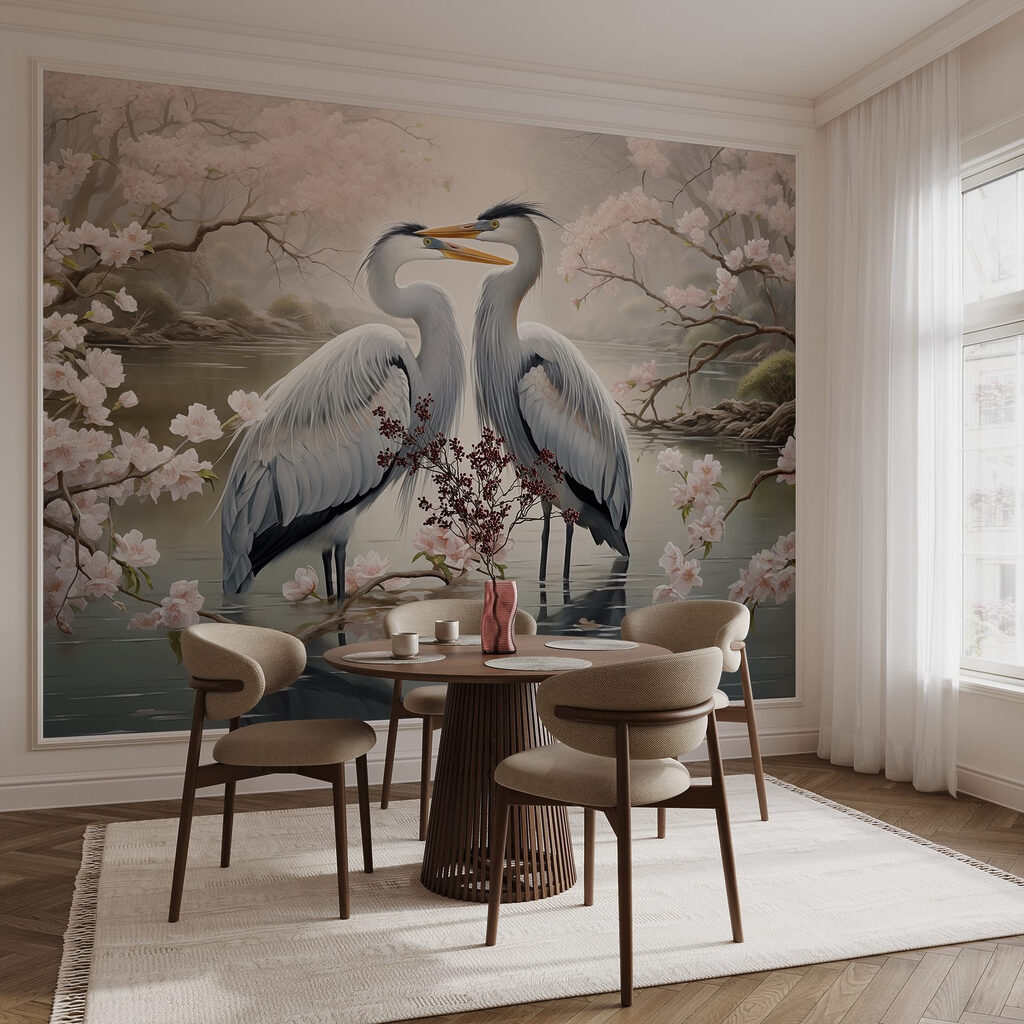 Couple of white birds standing in water with pink flowers