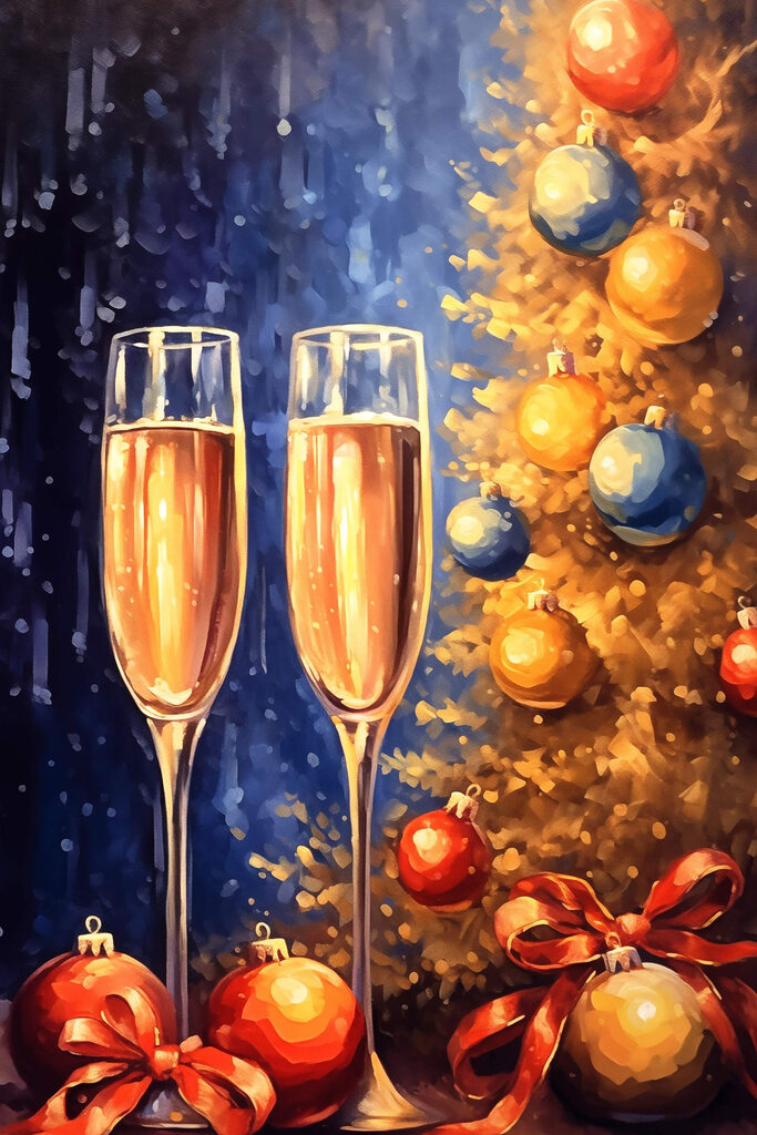Painting of two champagne glasses next to a christmas tree Painting of two champagne glasses next to a christmas tree