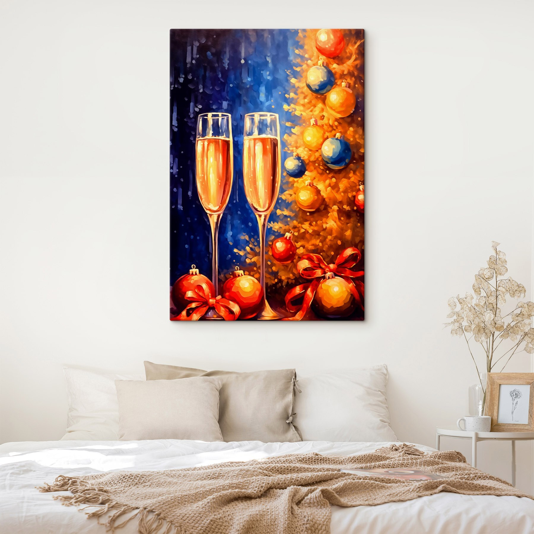 Painting of two champagne glasses next to a christmas tree Painting of two champagne glasses next to a christmas tree