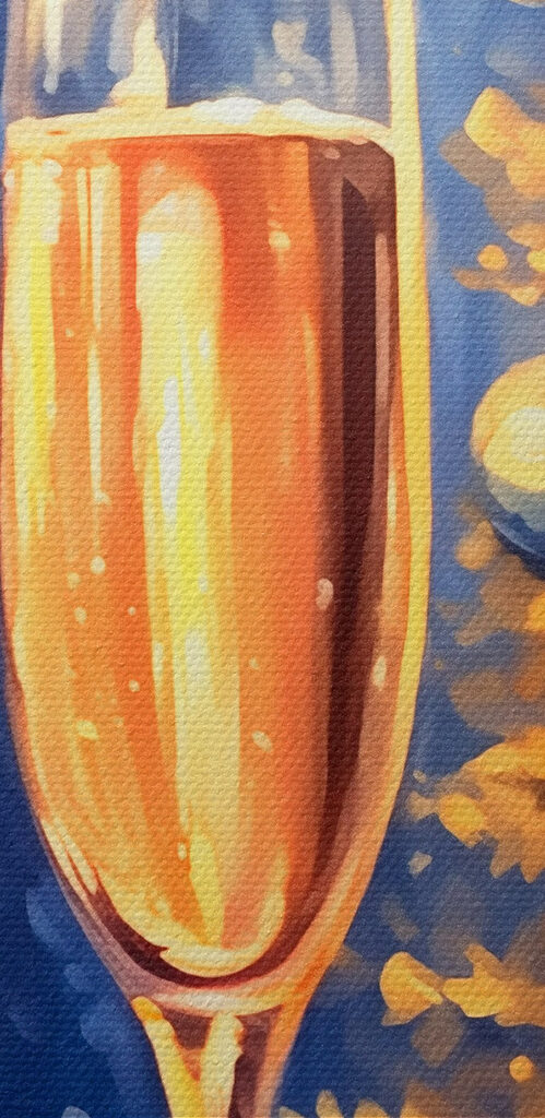Painting of two champagne glasses next to a christmas tree Painting of two champagne glasses next to a christmas tree