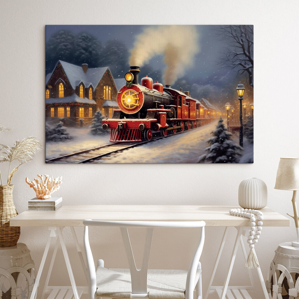 Train on the tracks in the snow