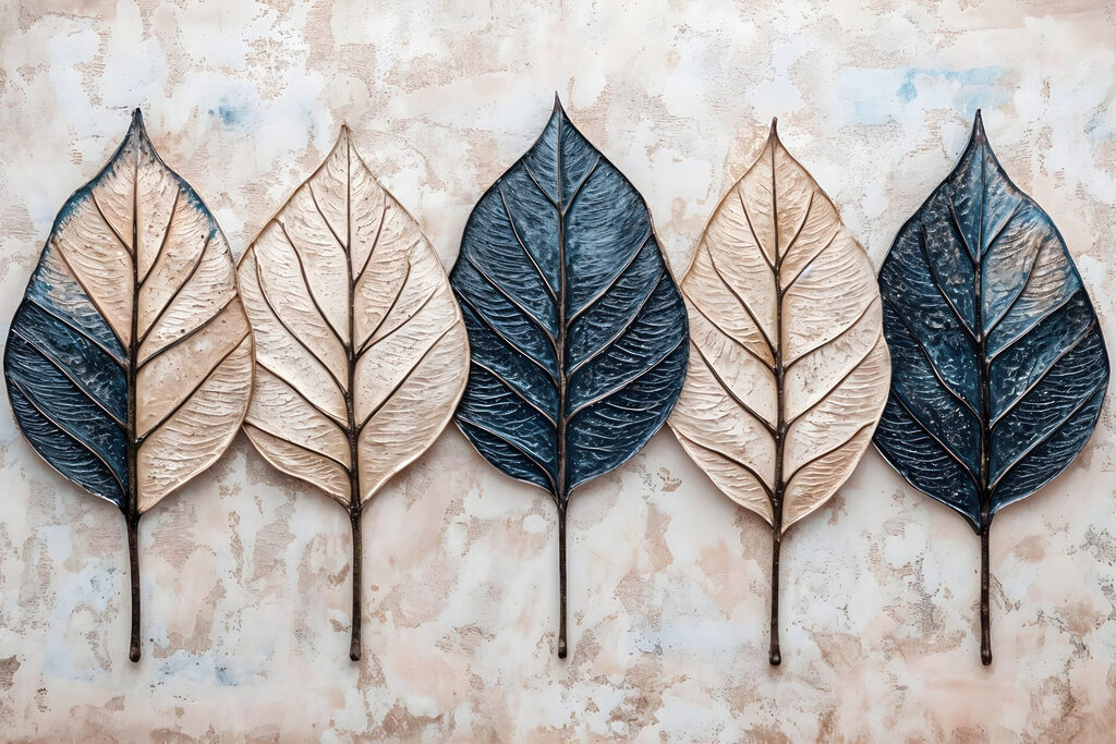 Row of leaves on a marble surface