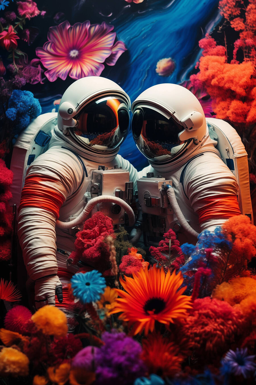 Dva astronauti ve skafandrech a květiny