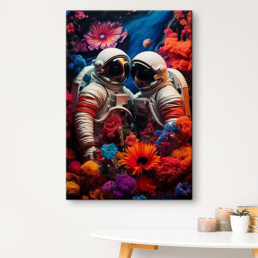 Dva astronauti ve skafandrech a květiny