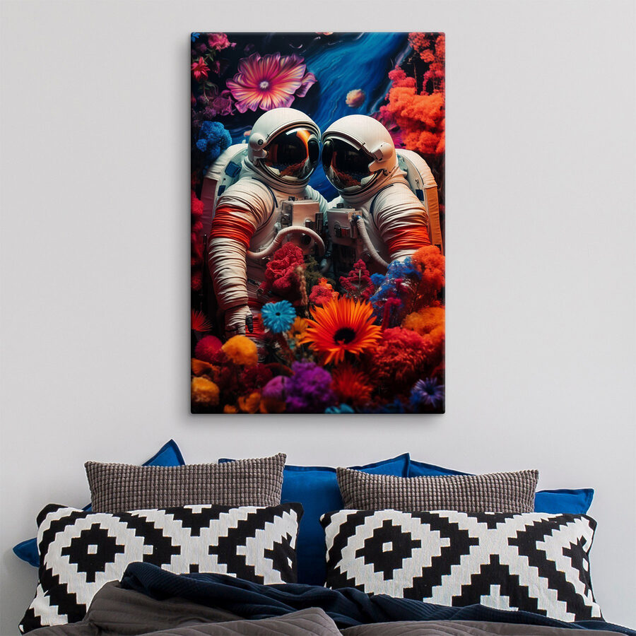 Dva astronauti ve skafandrech a květiny