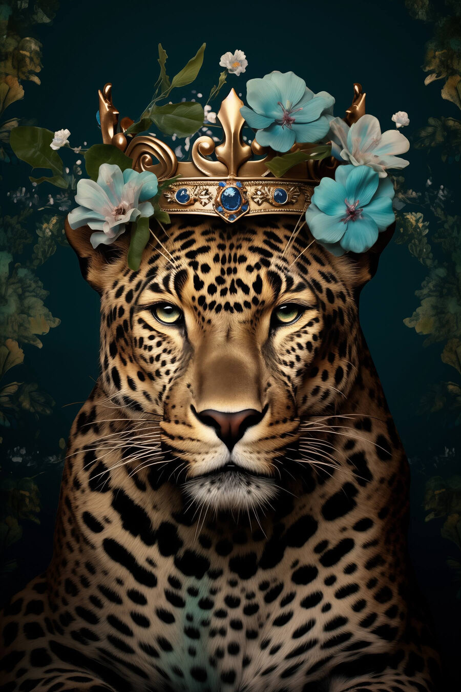 Leopard s korunkou a květinami