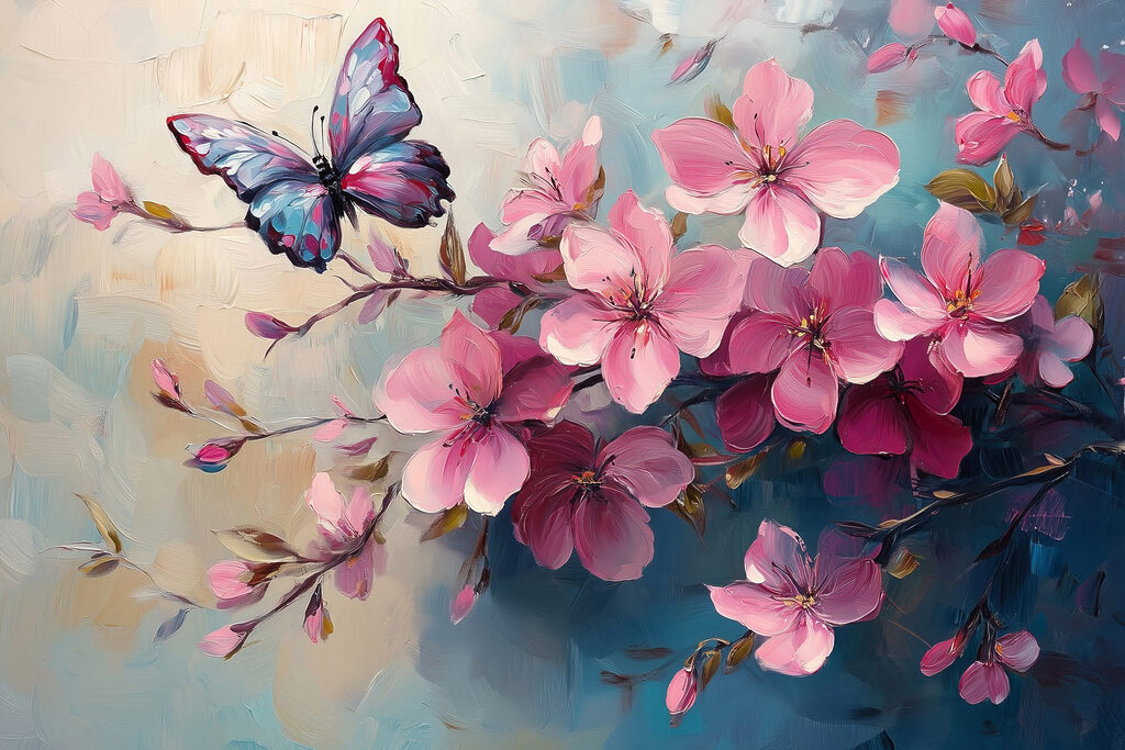 Butterfly on a branch of pink flowers