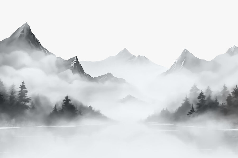 Fototapeta Mlžná horská krajina se stromy a horami - Image 3
