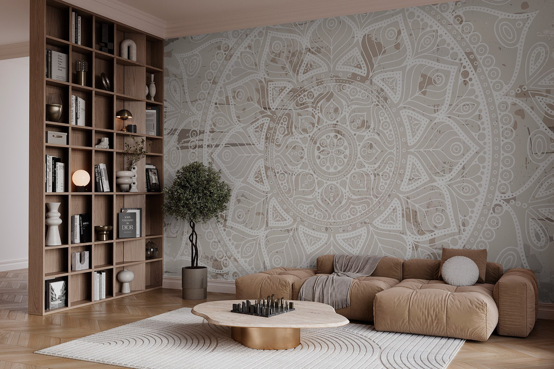 White mandala on a brown surface White mandala on a brown surface