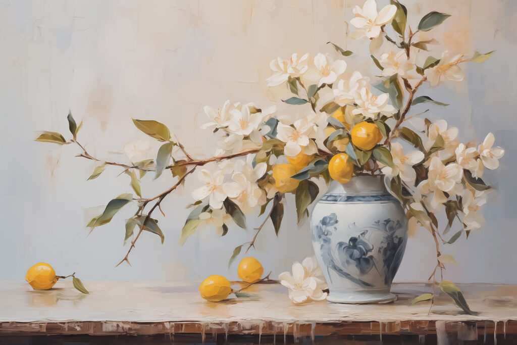 Painting of a vase with flowers and lemons Painting of a vase with flowers and lemons