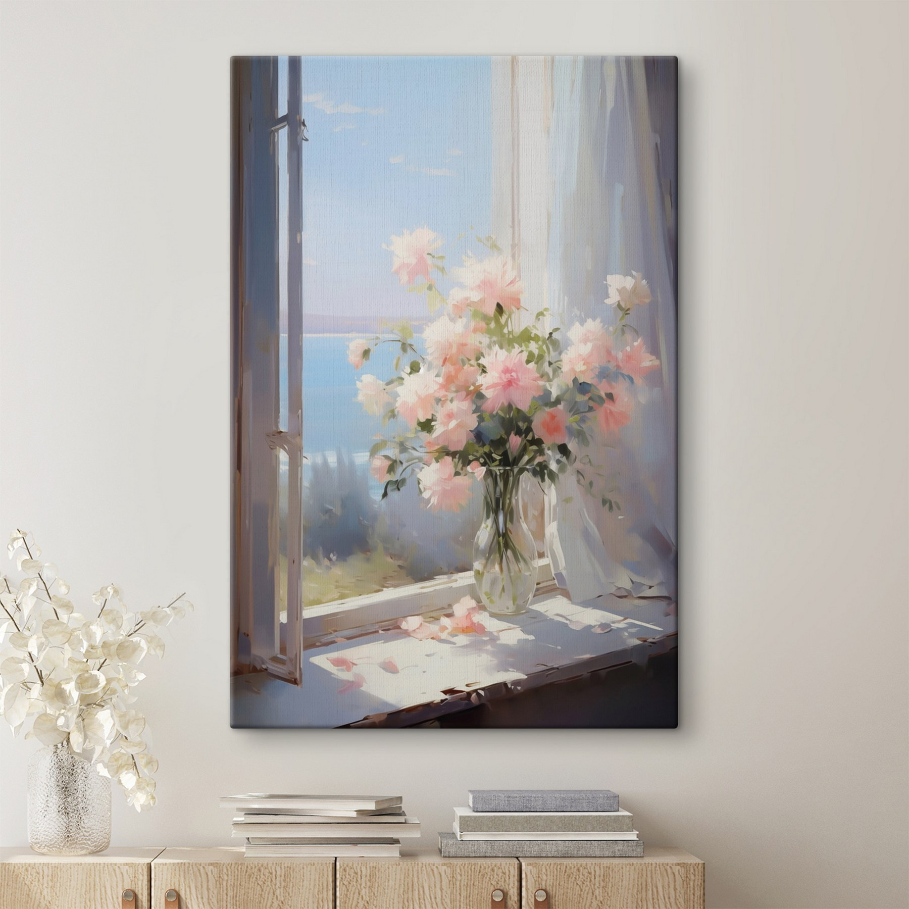 Vase of flowers in front of a window