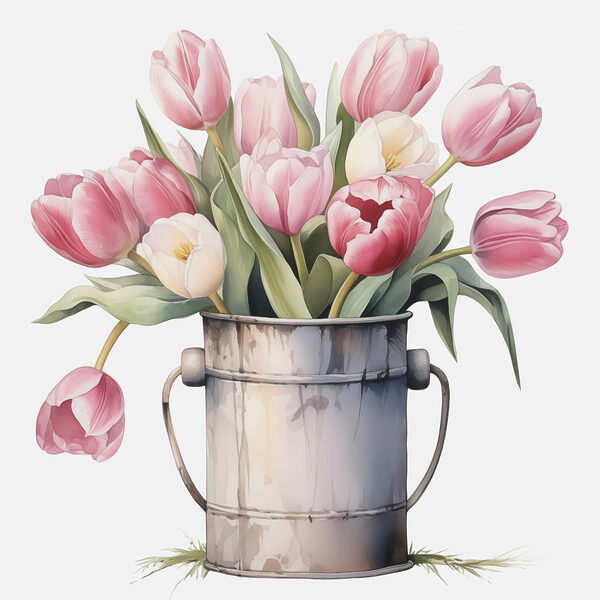 Malba růžových tulipánů v kovovém kbelíku Malba růžových tulipánů v kovovém kbelíku