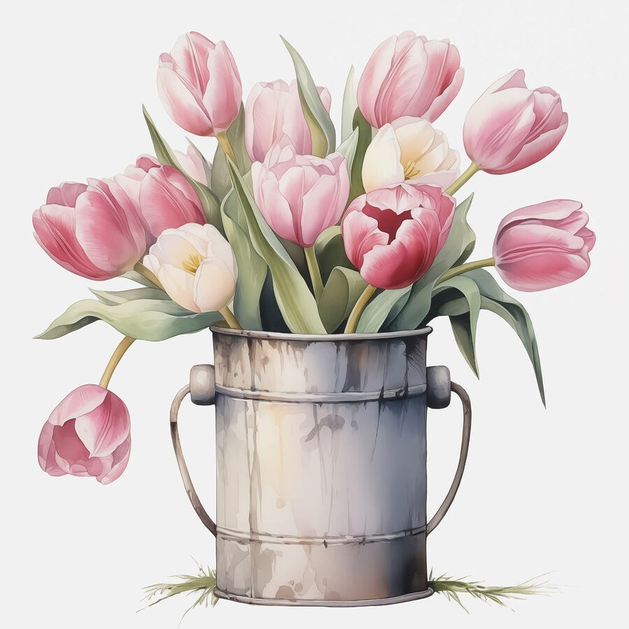 Malba růžových tulipánů v kovovém kbelíku