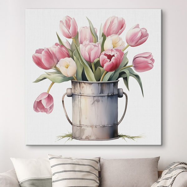 Malba růžových tulipánů v kovovém kbelíku Malba růžových tulipánů v kovovém kbelíku