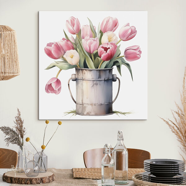 Malba růžových tulipánů v kovovém kbelíku Malba růžových tulipánů v kovovém kbelíku