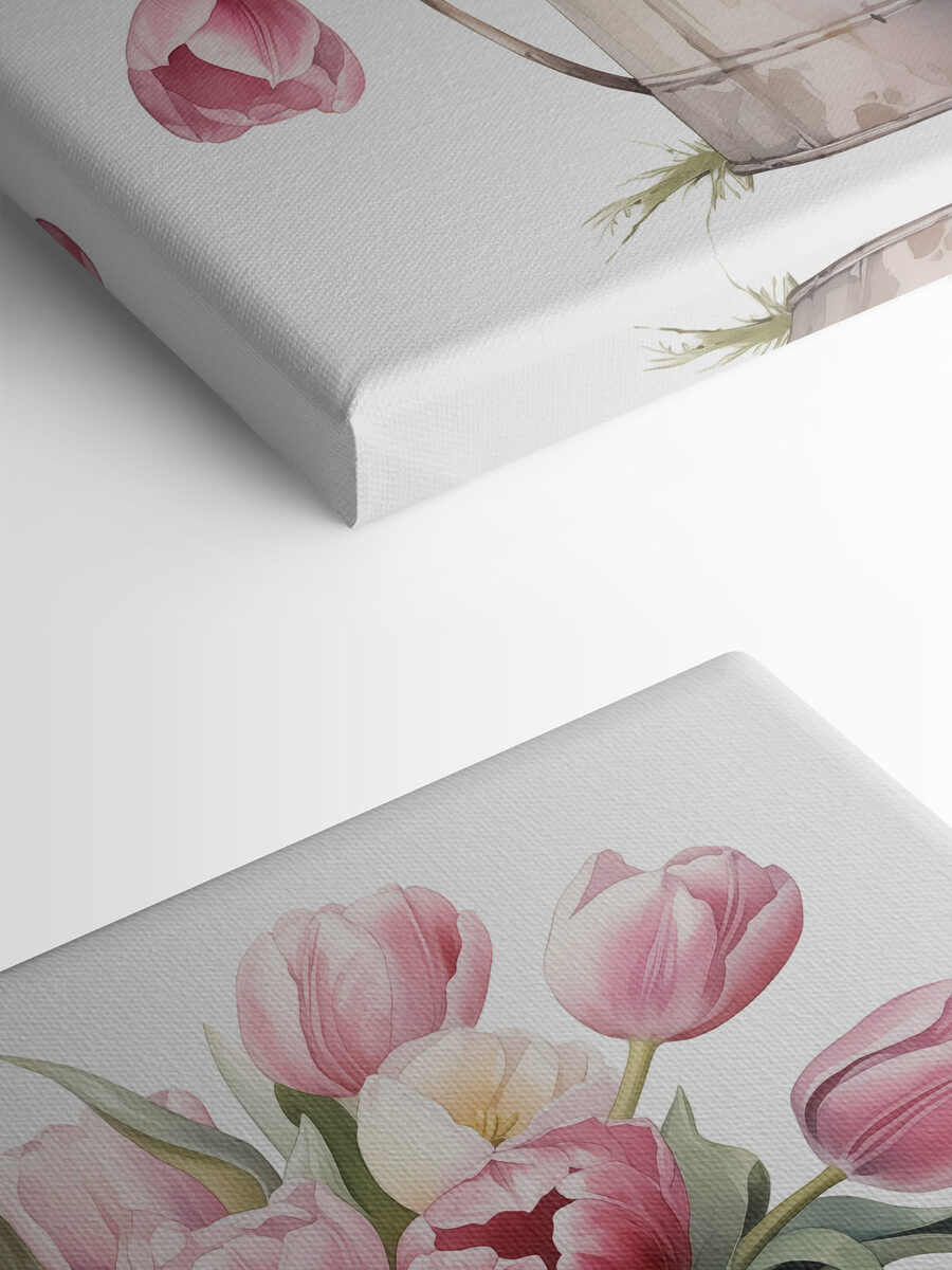 Malba růžových tulipánů v kovovém kbelíku